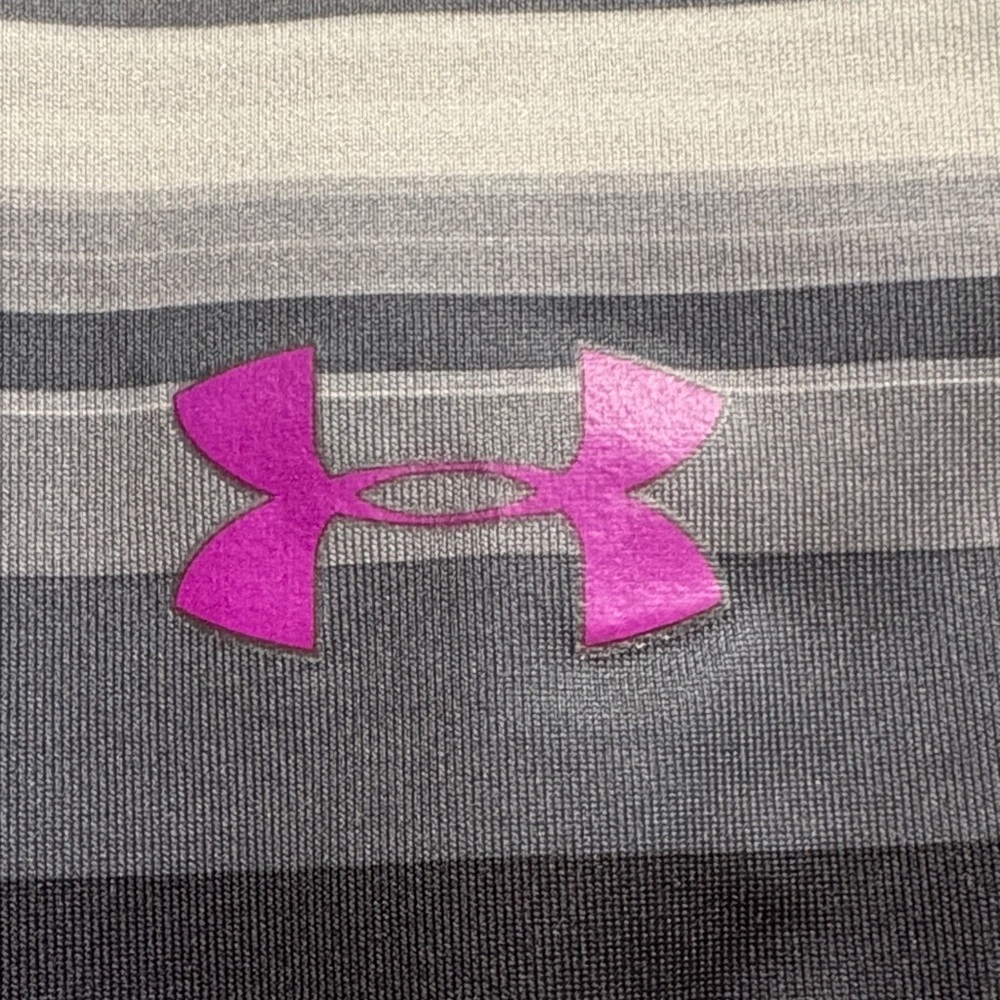 Under Armour Gray & White Striped Girls' Performance Leggings with Purple Logo - Picture 3 of 5